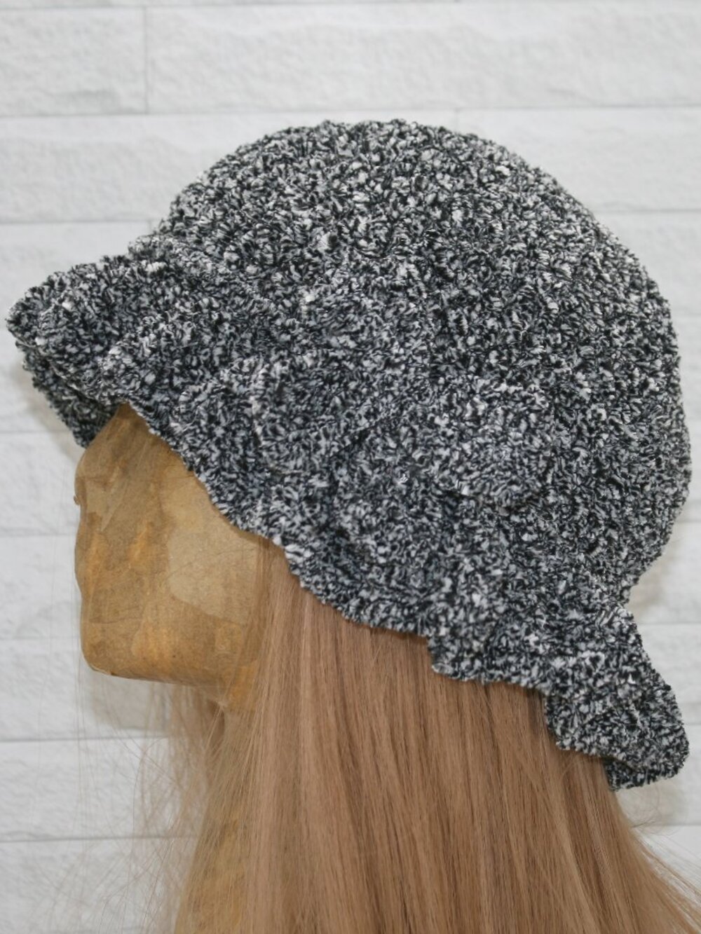 HAND CRAFTED Hat Crochet Bucket Chenille Winter Medium Ruffle Grey Marled